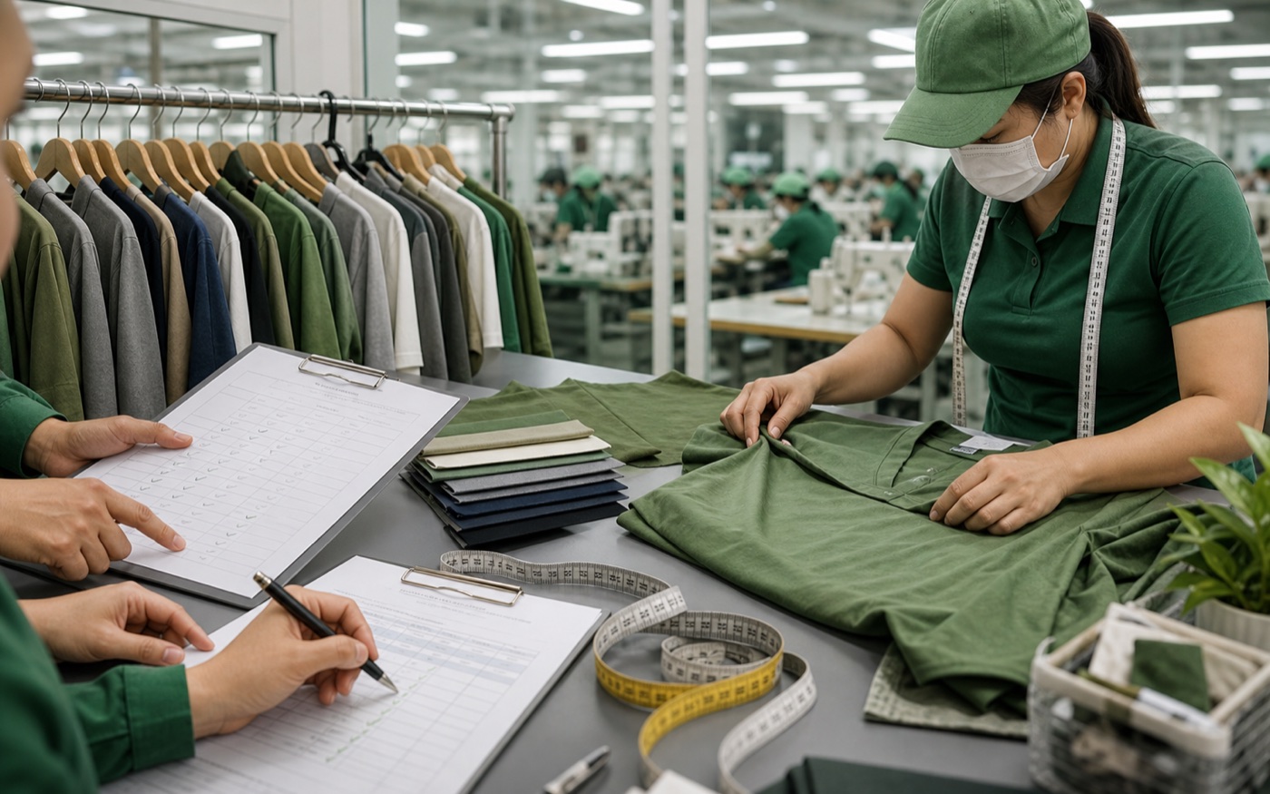 Apparel quality team preparing garments and documents for certification review