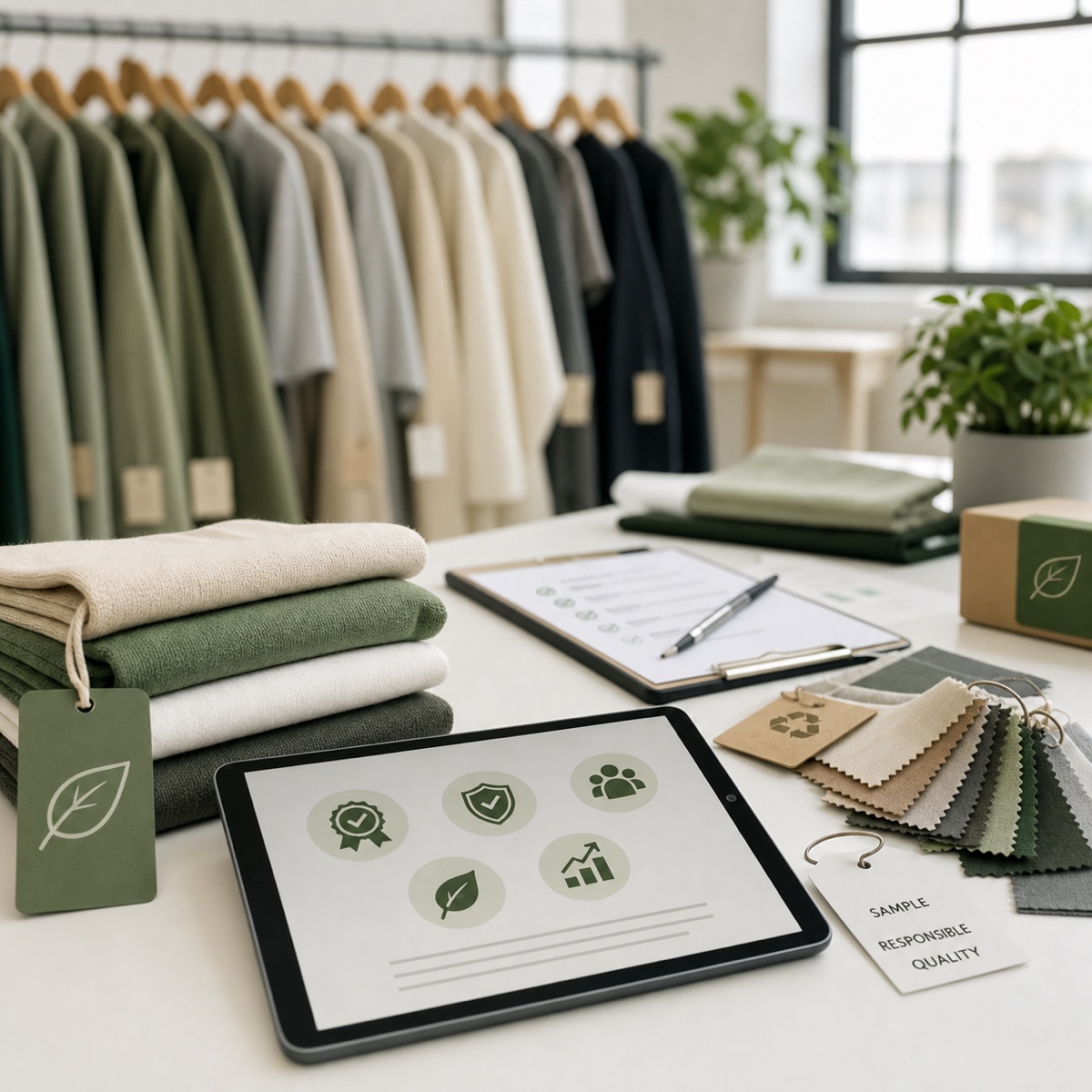 Certification standards represented by apparel samples and quality documents