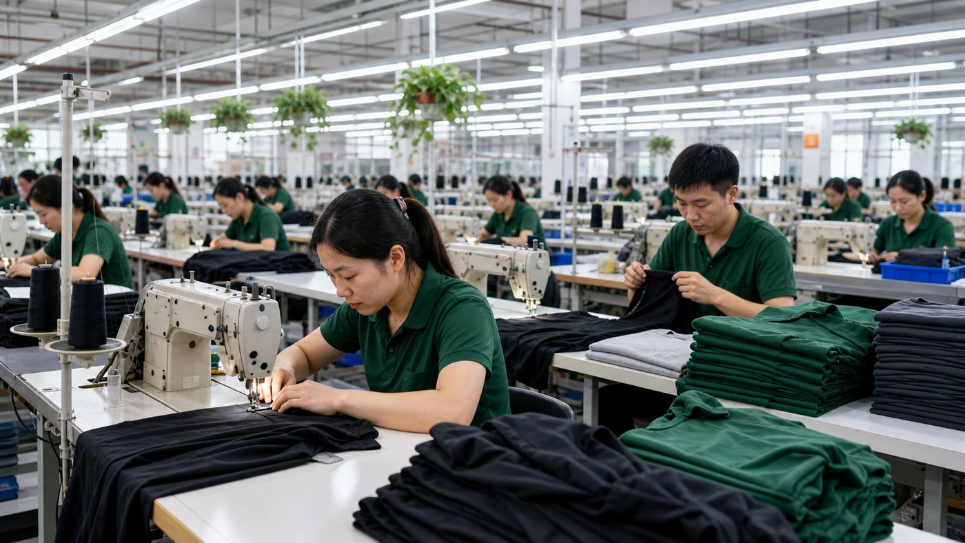 Chinese garment factory with workers producing apparel