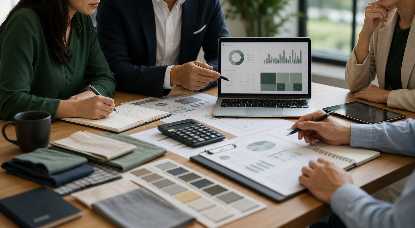 Finance and holdings planning table with apparel samples and business documents