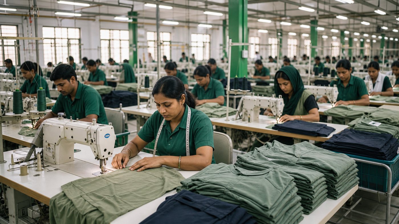 Indian garment factory with apparel workers at sewing stations