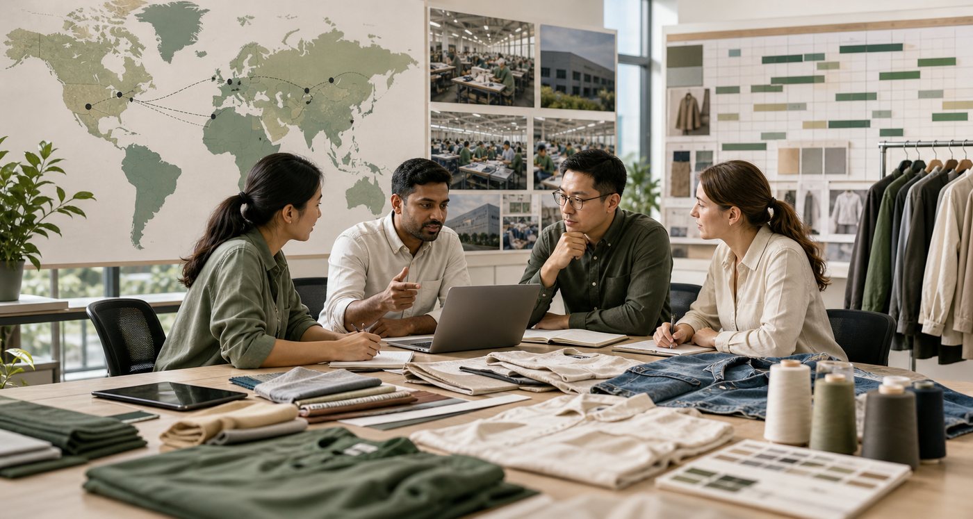 Apparel manufacturing portfolio planning with samples, regional production review and team discussion