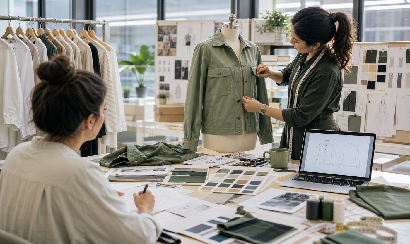 Apparel product development studio with garments, swatches and sample review