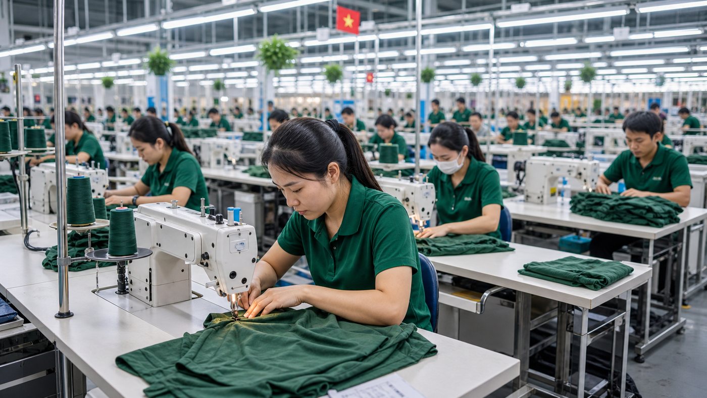Vietnam garment factory with workers sewing apparel