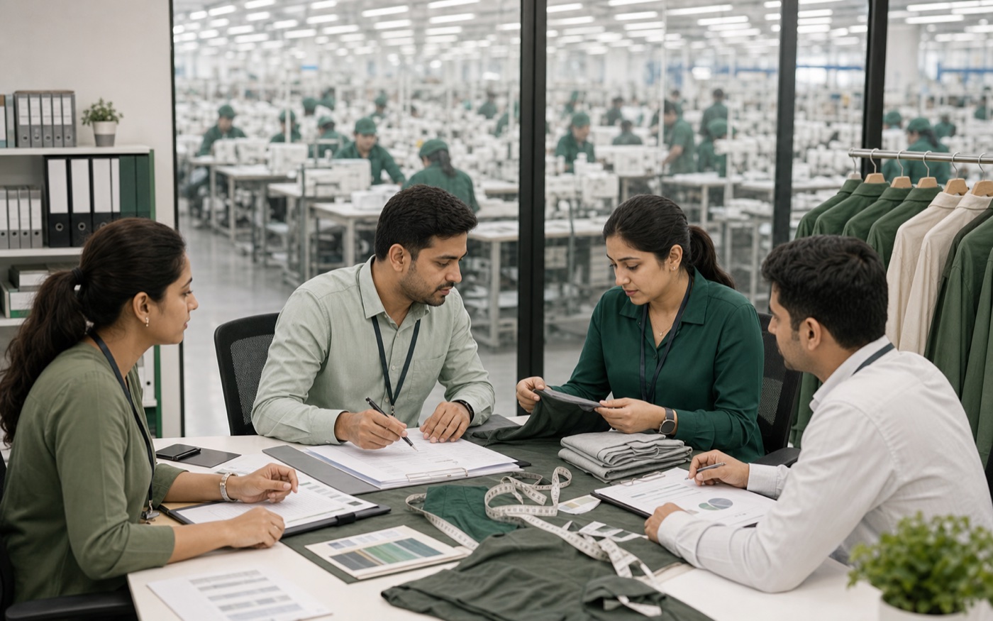 Apparel governance team reviewing factory documentation and garment samples