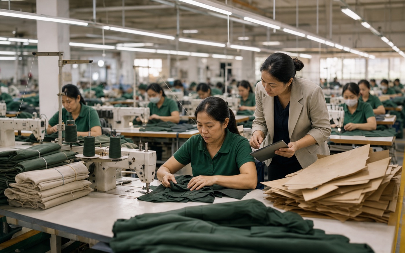 Garment manufacturing floor showing apparel production roots