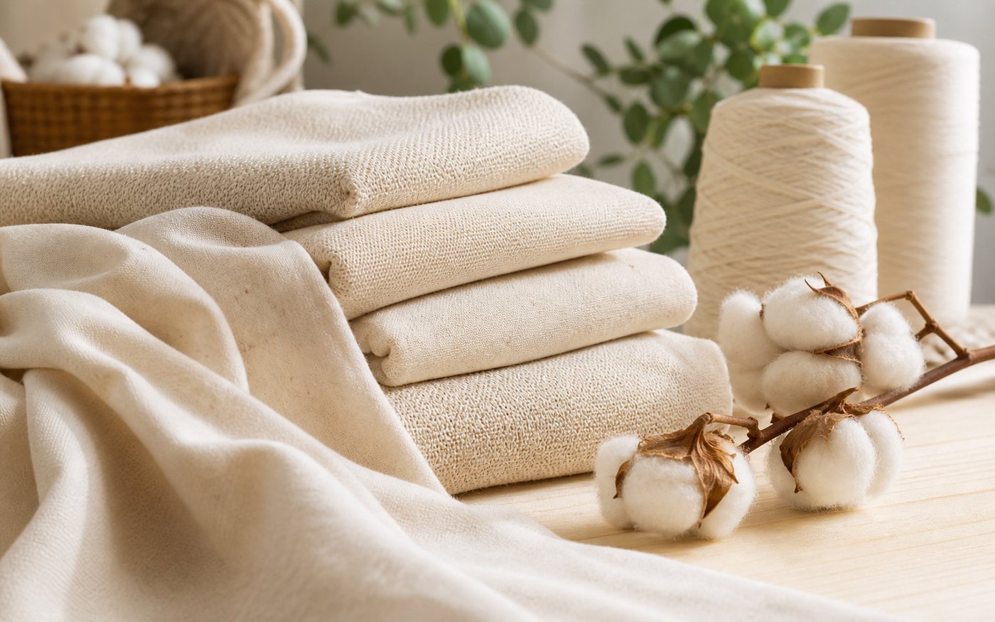 Organic cotton fabric with natural cotton bolls