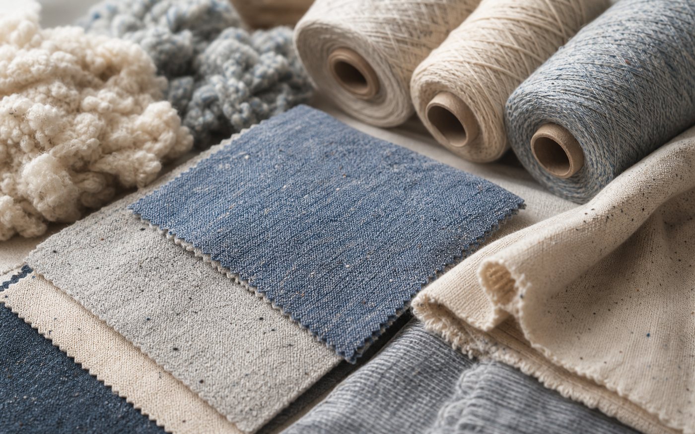 Recycled cotton fabric swatches and yarn