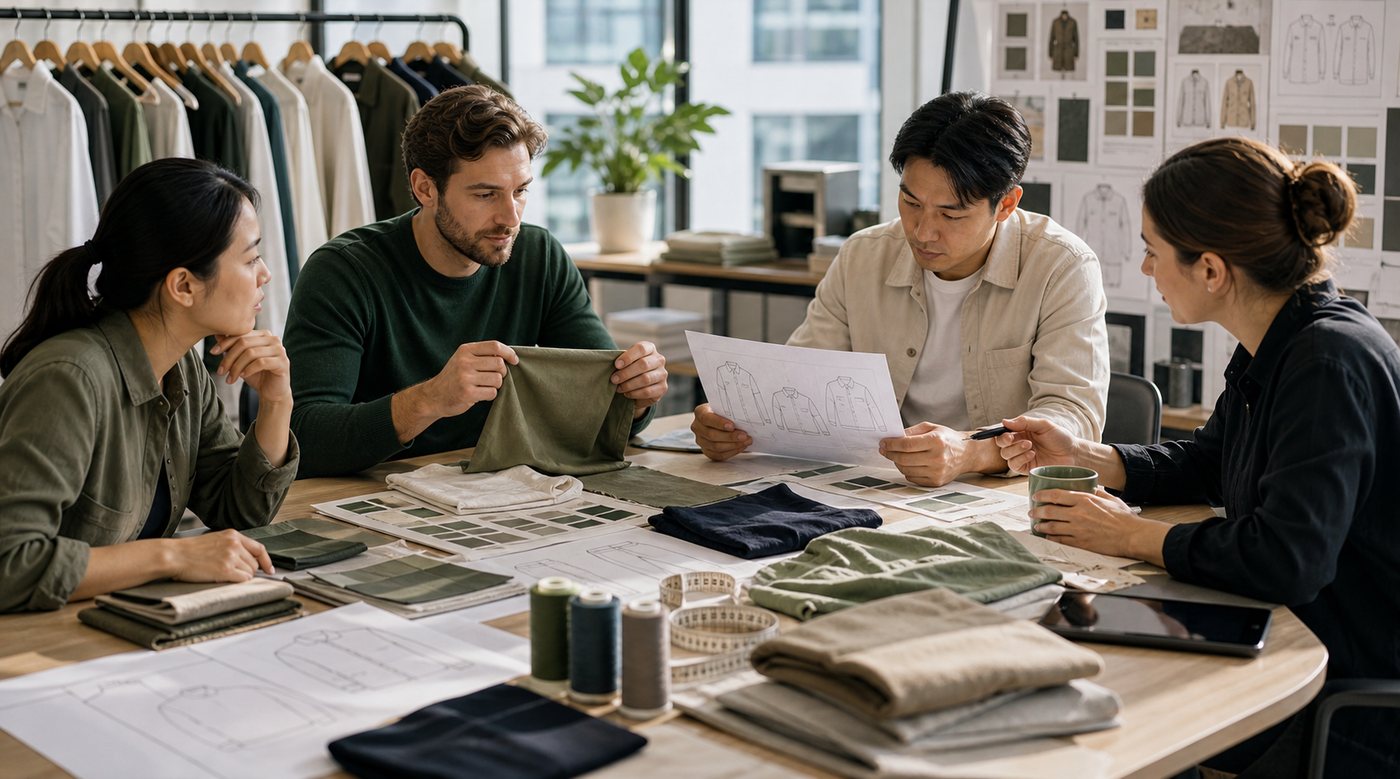 Apparel samples and fabric swatches prepared for buyer program review
