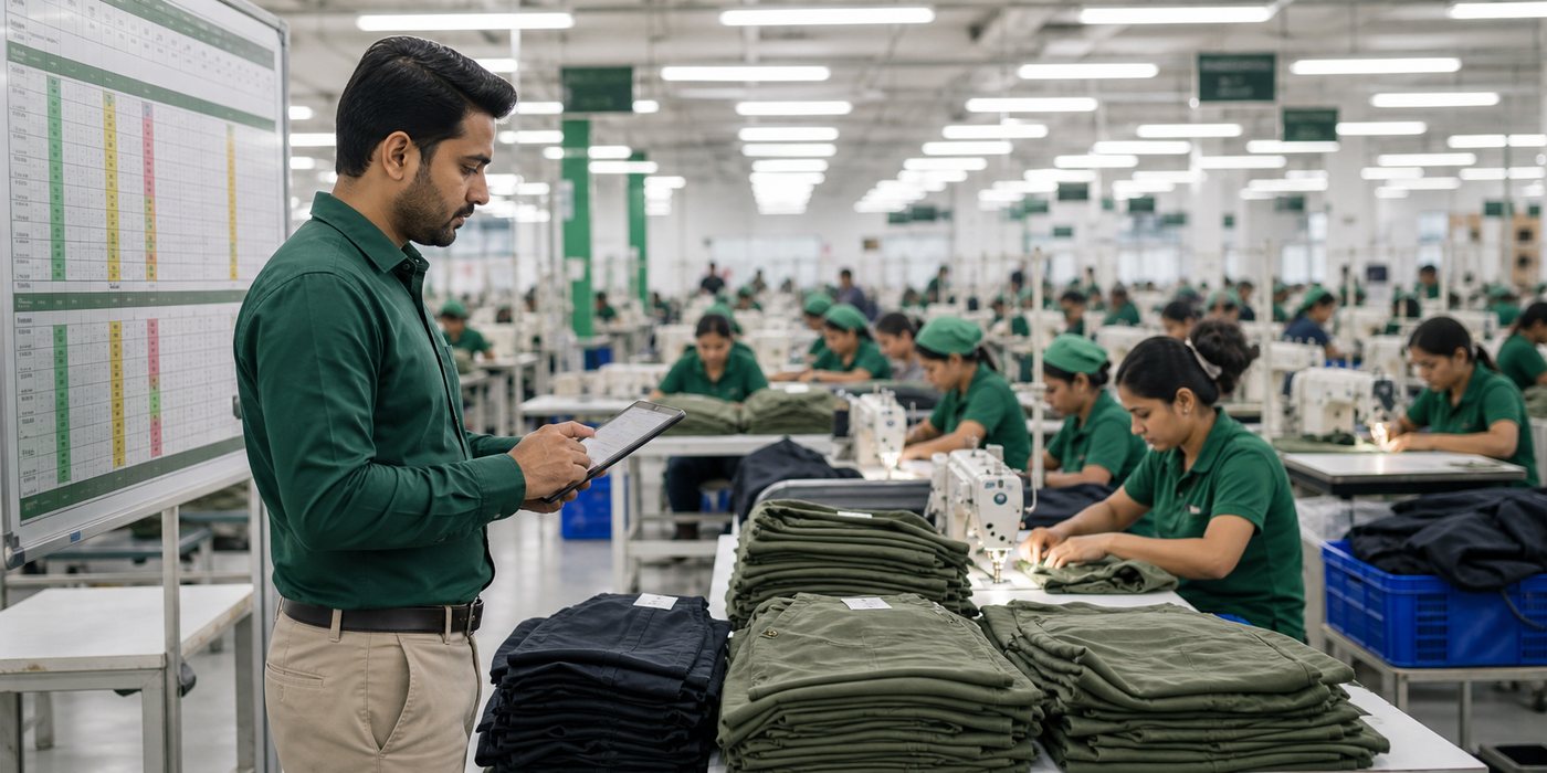 Apparel factory execution with production manager reviewing sewing line
