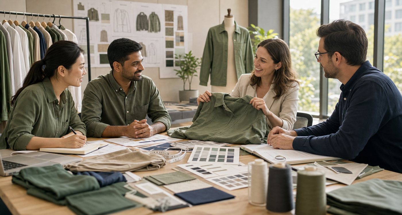 Apparel manufacturing partnership meeting with buyers and production team