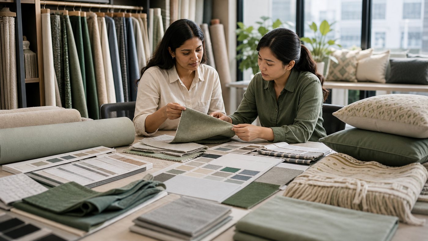 Textile and soft goods samples in a modern development room