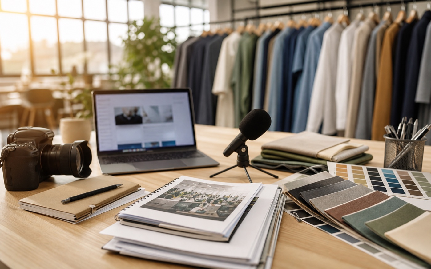 Press desk with apparel samples, media equipment and communication materials