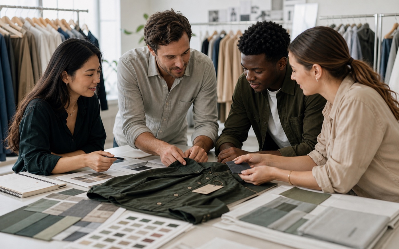 Apparel team reviewing fabric swatches and garment samples together