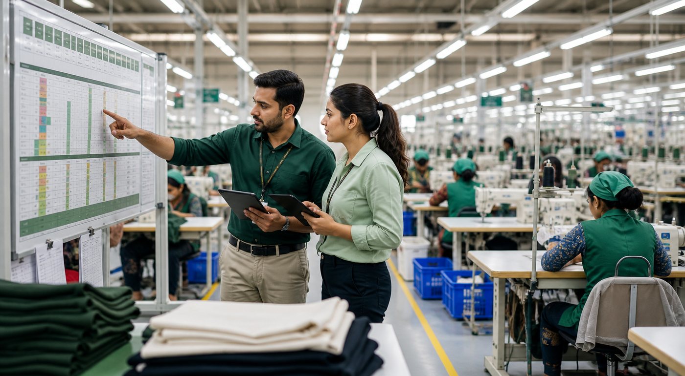 Apparel manufacturing execution and production follow-up on a factory floor